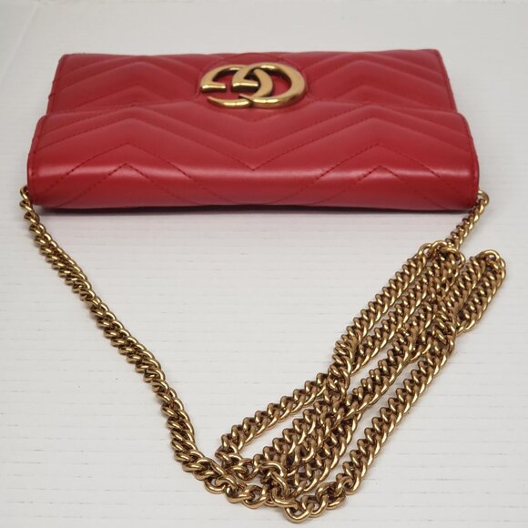 Gucci Marmont Red Chevron Gold Chain Clutch Crossbody Bag 550-100525 - Picture 8 of 16